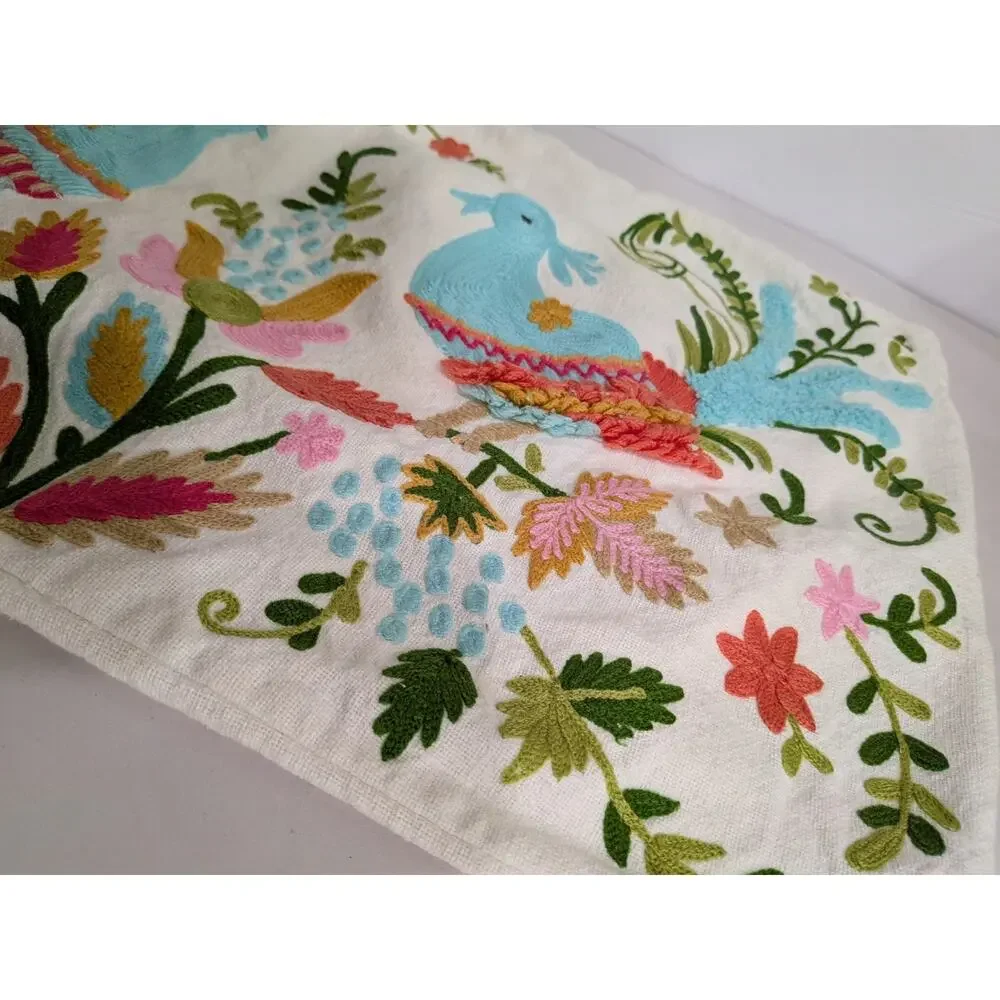 Embroidered Pillow Cover Folk Art Bird Floral Lumbar White Cream 22x14